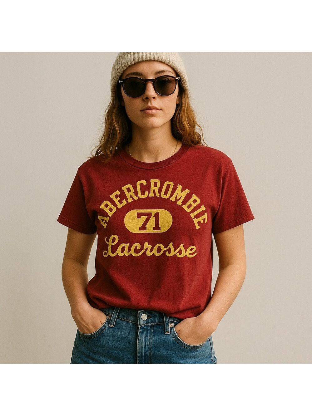 Y2K Abercrombie & Fitch Red Lacrosse Tee Size S 90s Graphic Crew Neck